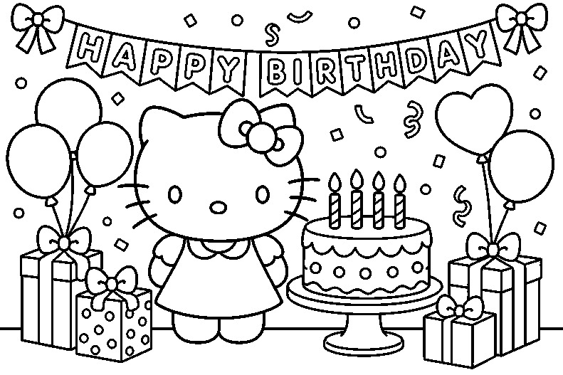Birthday Kitty Hello Kitty coloring page line art
