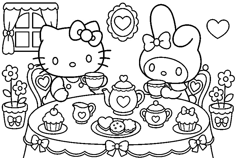 My Melody Tea Hello Kitty coloring page line art