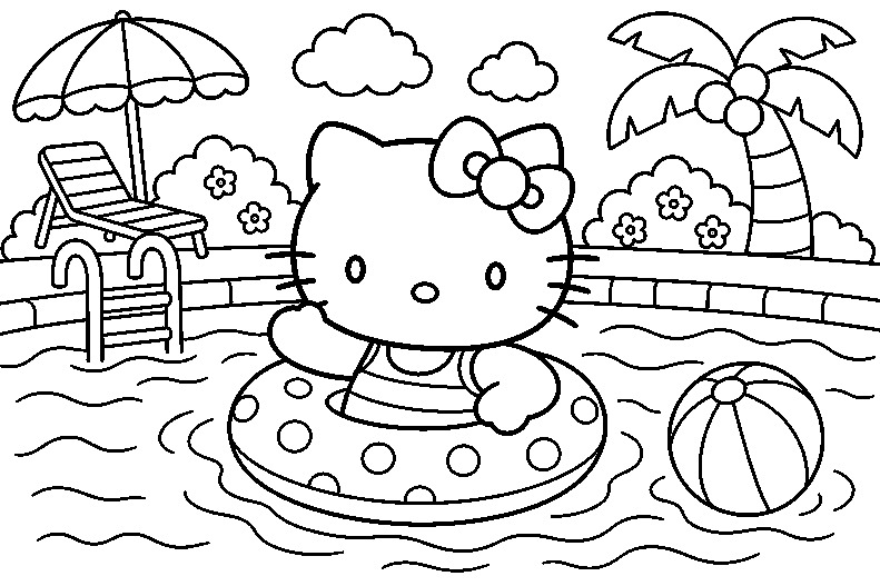 Pool Party Hello Kitty coloring page line art