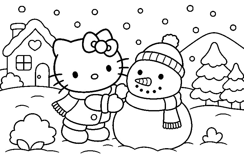 Snow Day Hello Kitty coloring page line art