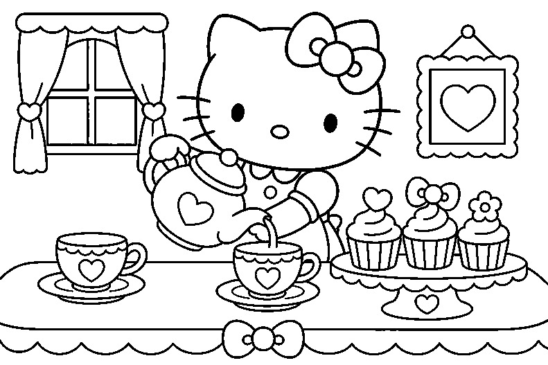 Tea Time Hello Kitty coloring page line art