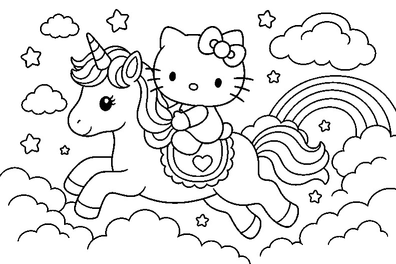 Unicorn Ride Hello Kitty coloring page line art