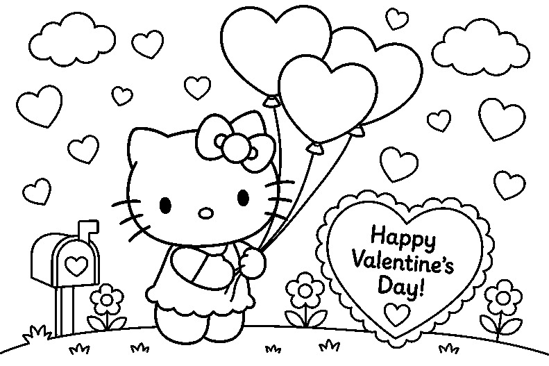 Valentine Hearts Hello Kitty coloring page line art